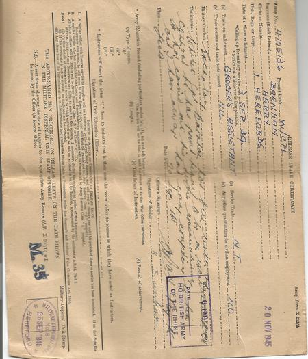 Cpl H Barnham's discharge papers