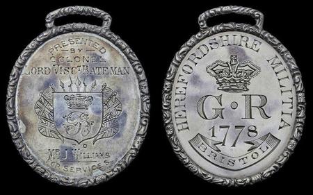 Herefordshire Militia Regimental Medallion - no formal records exist of this medallion (and this example could well be a later Victorian replica) an original was possibly issued as a result of the mobilisation of the Militia in 1778 in light of an invasion threat by France and Spain during the American Revolutionary War. Militia were used to guard PoWs and key points, including Bristol Docks - which perhaps accounts for the wording on the medallion.