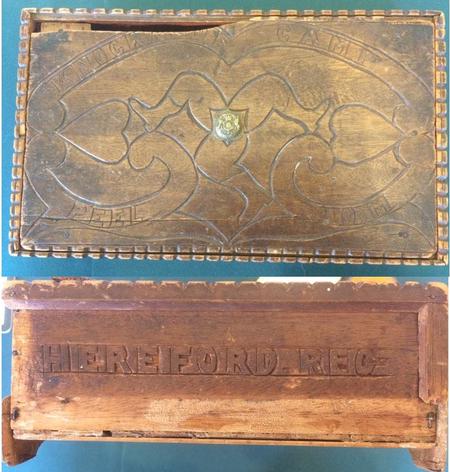 A wooden trinket box sculpted by a member of the Supplementary Company whilst serving on the Isle of Man.