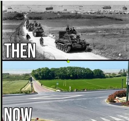 The then and now photo from the Memorial approach road looking towards Gold Beach