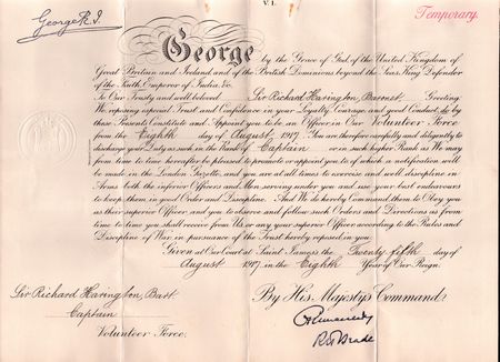 Capt Harringtons Commissioning Scroll as issued by George V