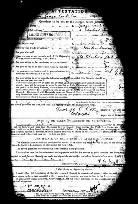 Pte Cox's World War One enlistment papers - partially destroyed - part of the 'burnt files'.