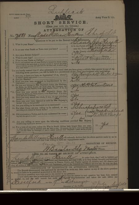 Hull's attestation paper for service with the Volunteer Service Company in South Africa.