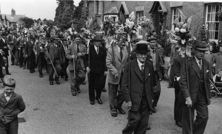 The Fownhope Heart of Oak Friendly Society club walk day through Fownhope 1950s.