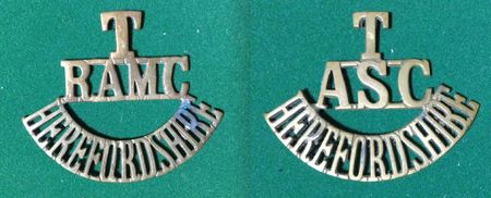 Rare shoulder titles of belonging to Herefordshire elements of the Welsh Borders Brigade Field Ambulance, Royal Army Medical Corps and the Welsh Borders Brigade Horse Transport Company, Army Service Corps.