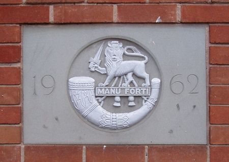 The foundation stone of the Leominster Drill Hall in New Street.