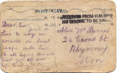 The reverse of Cpl Barnes' postcard