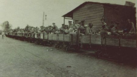 Men of the Herefords crossing the Sinai on the light railway.