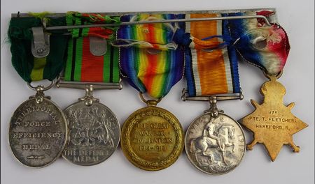 Thomas Fletcher's medals (l-r) Territorial Force Efficiency Medal, Second World War Defence Medal, Victory Medal, British War Medal and 1914/15 Star.