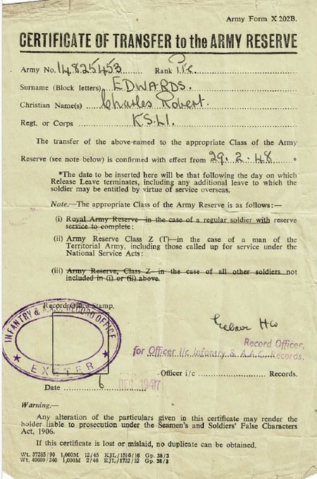 Pte Edwards certificate of transfer to the reserve