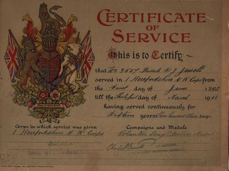 William Henry Jessett's father's service certificate from the Herefordshire Rifle Volunteers