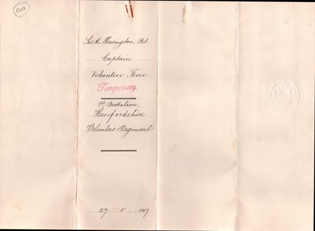 Capt Sir Richard Harrigton's Temporary Commissioning Scroll issued by George V as a Temporary Captain in the Volunteer Forces - a sort of Home Guard.
