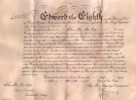 2Lt WAP Crofts Commissioning Scroll from King Edward VIII