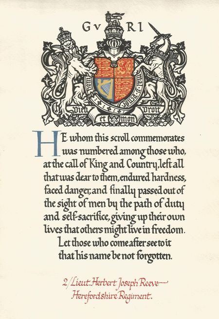 The Memorial Scroll (which accompanied the Memorial Plaque) awarded to Second Lieutenant Herbert Joseph Reeve, evacuated from Gallipoli and died in hospital in Malta 24th  September 1915.