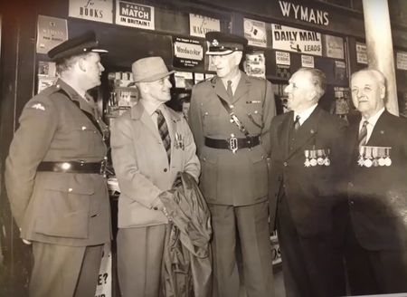 The intrepid three prior to leaving Hereford with the Lord Lieutenant and the Commanding Officer of the Regiment (l-r) Lt-Colonel Carr, Harold Slaymaker, Colonel McLay, Jack Davies and Tommy Fletcher.