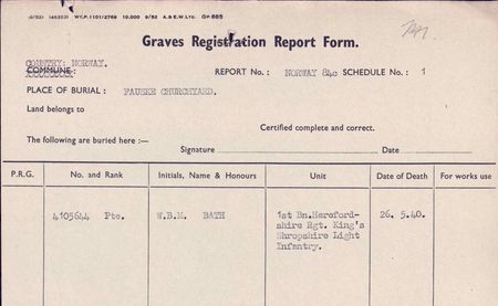 4105644 Pte William Bath kia 26 May 1940 buried FAUSKE Churchyard