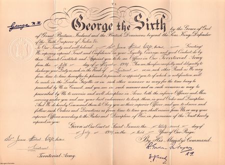 George VI Commissioning Scroll issued to 2Lt Sir James Herbert Croft. His father had been killed in action at Suvla Bay with the Herefordshire Regiment in 1915 and Sir James was to be killed during the Second World War