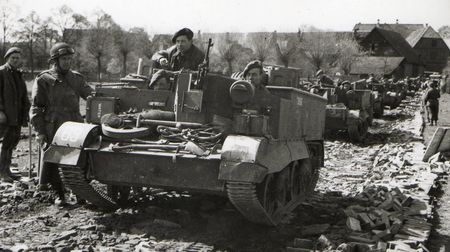 Herefordshire Regiment carriers approach the Petershagen bridge.