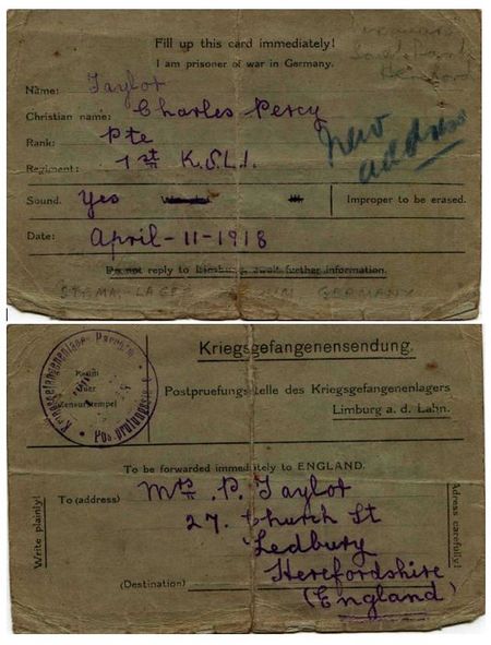 PoW postcard from Pte Taylor to his wife