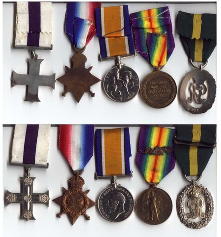 The obverse and reverse of Maj Capel's medals. The 1914/15 Star Medal is erroneously named 'Herts Regt'.