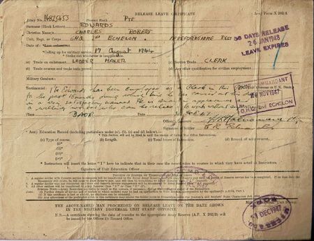 Pte Edwards 'Release Leave Certificate' and testimonial