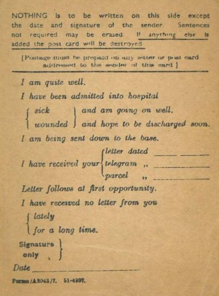 A pre printed card available for most soldiers to 'write' home