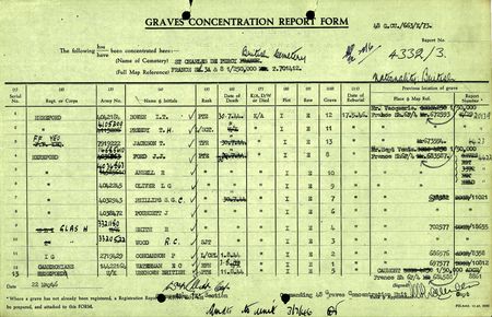 Grave concentration report detailing the reburial of an unknown Herefordshire Regiment soldier later identified as Pte Chapman.