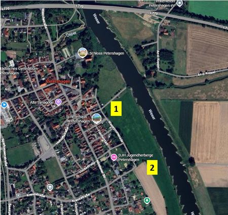 Possible sites of the Petershagen bridge - with the 'modern' bridge identifiable to the north.