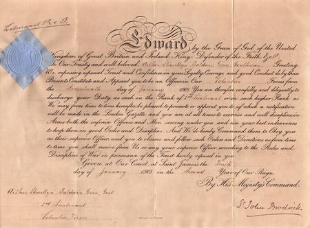 2Lt Green's Commissioning Scroll issued by Edward VII as a 2Lt in the Herefordshire Rifle Volunteers