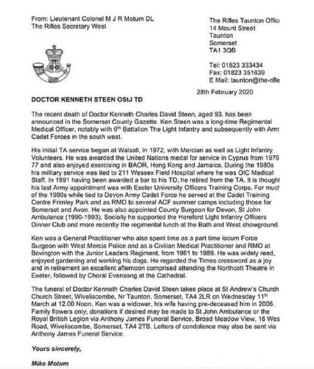 The letter notifying Ken Steen's death in 2020 and outlining his service career.