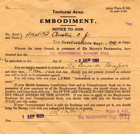 Mobilisation Notice issued to 4104852 Pte CJ Austin 1st Battalion