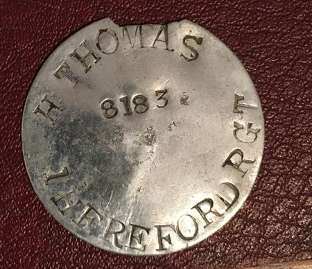 Privately made WW1 ID Disc of 8183  Pte H Thomas Herefordshire Regiment.
