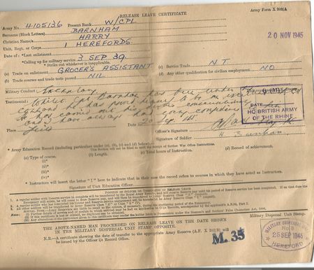 Cpl H Barnham's discharge papers