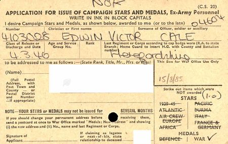 World War 2 Medal Index Card - interesting that the medal application was made in 1985, The name and address of the applicant is not shown so probably next of kin.