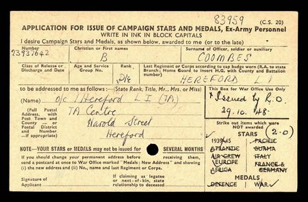 The Second World War Campaign Medal card for Pte Bert Coombes (alias Poole), a post-war member of the Herefordshire Regiment.