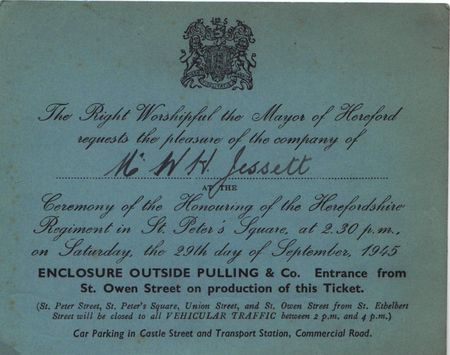 William Jessett's invitation to the Freedom Parade of The Herefordshire Regiment in 1945