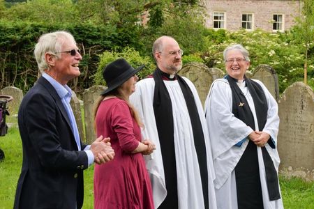 Preb Jane Davies (on right) on the occasion of preaching at the The Fownhope Heart of Oak Friendly Society club walk service in 2018.