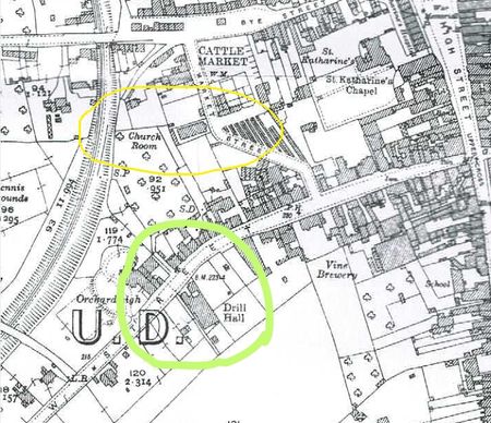 The 1921 map showing the locations of the Church Room and the Drill Hall.