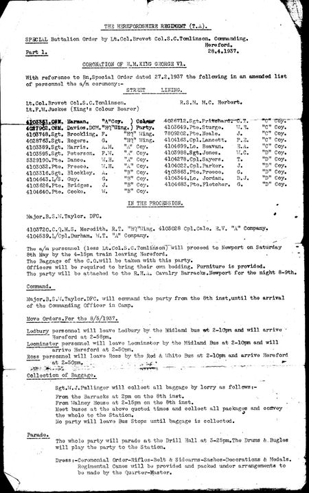 The Regiment's 1937 Movement Order for the personnel supporting the Coronation of King George VI