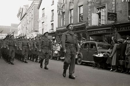 Maj Crofts leading the Regiment's Freedom Parade in Hereford September 1945