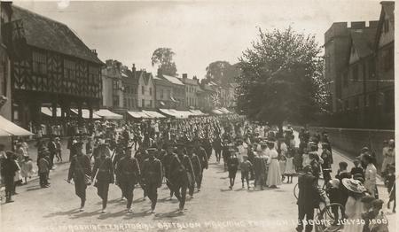 The Battalion marching through Ledbury, photographed by Luke Tilley, en route for an ovenight camp spot in Bosbury.