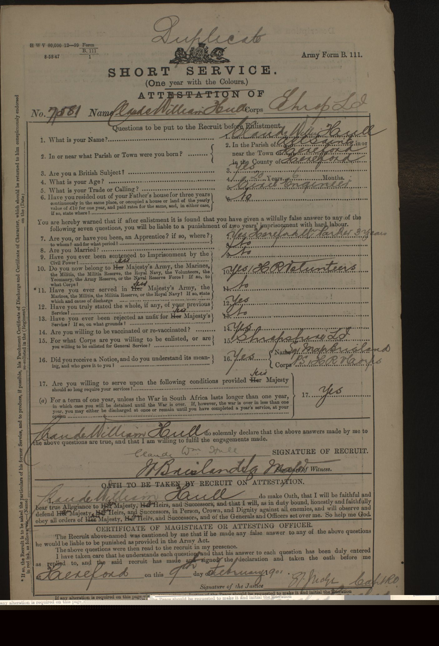 Claude Hull's attestation as a volunteer from The Herefordshire Rifle Volunteer Corps for the Volunteer Service company for service with 2KSLI in the Boer War.