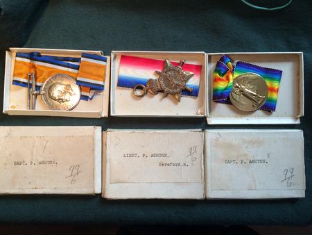 Capt Ashton's 1914/15 Star, British War Medal and Victory Medal in boxes of issue - indicating they were never worn.