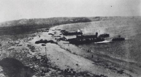 So called "Beetle" landing craft at Suvla Bay, the tyep of craft that Pte Pike, who story we explore, landed in with his rations party.