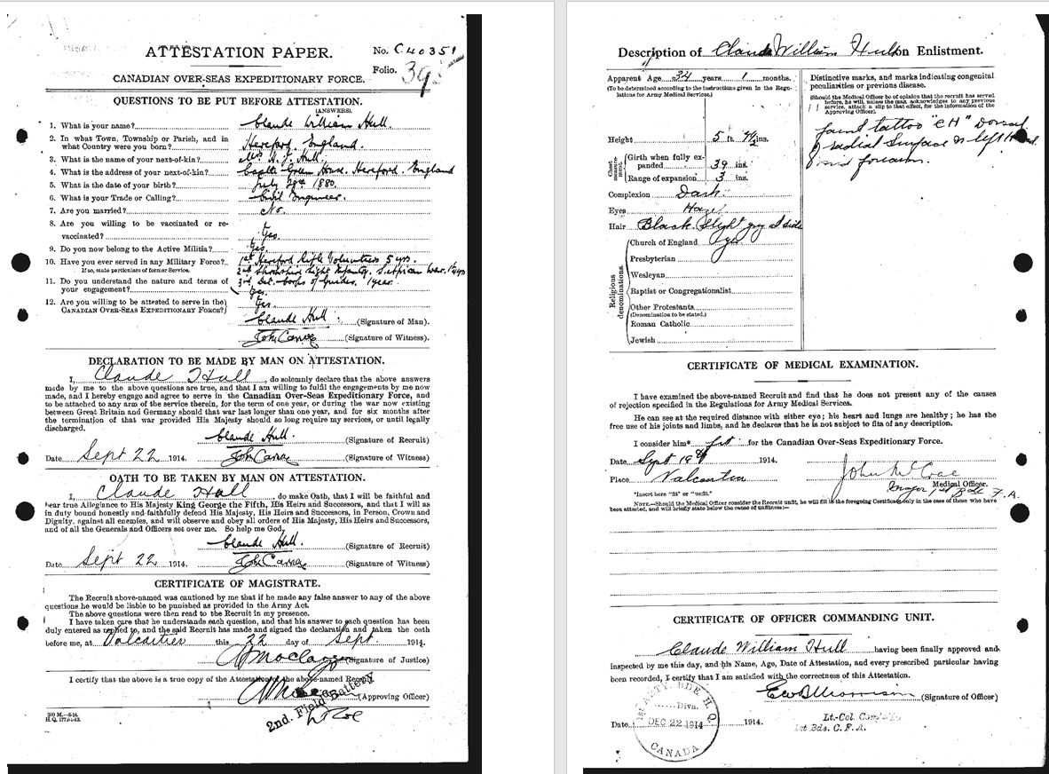 Claude Hull's Canadian Attestation papers.