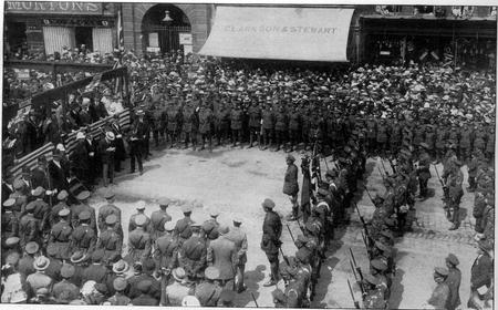 The return of the Colours of the Herefordshire Regiment in 1919 (after the Colour Party had been breakfasted at the Royal Oak Hotel, Leominster).