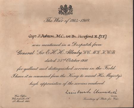 Capt Ashton's MID certificate from General Allenby signed by Winston Churchill