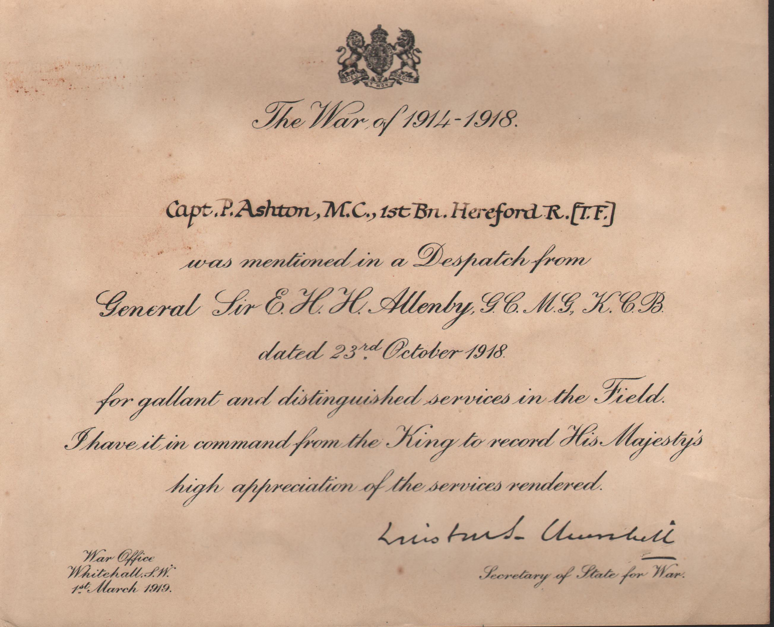 Capt Ashton's MID certificate from General Allenby signed by Winston Churchill