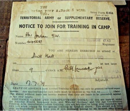 Notice to attend Annual Camp 1939 issued to 4105237 Pte Jordan