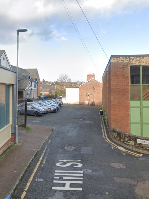 Hill Street 2023 - nothing of the Drill Hall remains but the 'end' of the building in the distance is clearly visible.